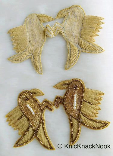 Embroidered Birds Pair Applique With Beige / Red / Blue And Antique Gold Embroidery, Gold And Pearl Beads
